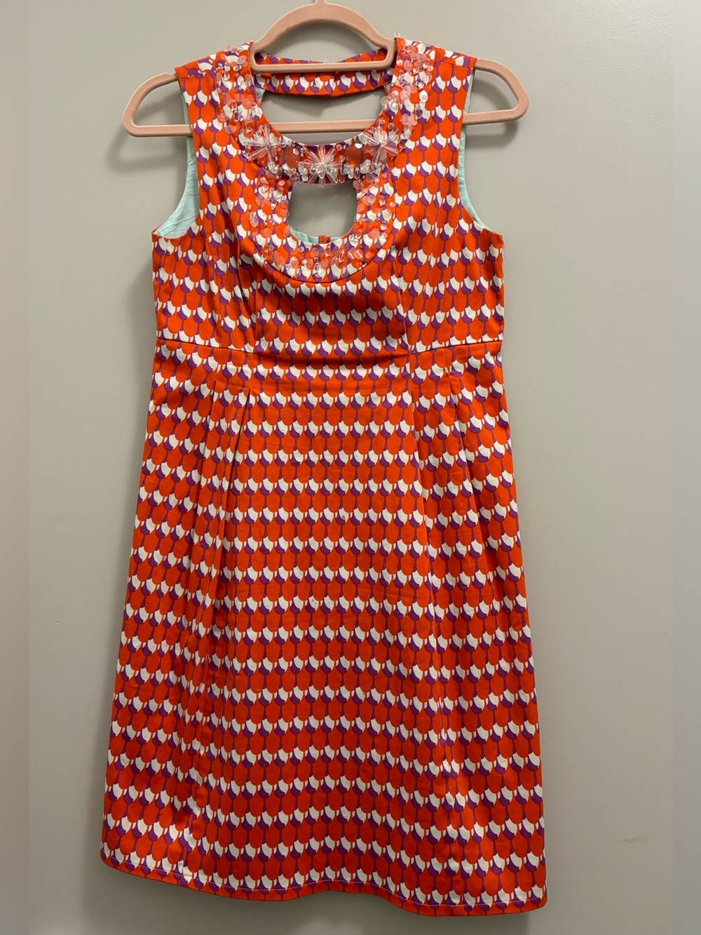 Orange Patterned Sleeveless Dress with Embellished Neckline